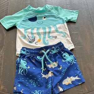 Carter's Aqua and Navy Octopus Swim Trunks and Short Sleeve Rashguard Set | 9M